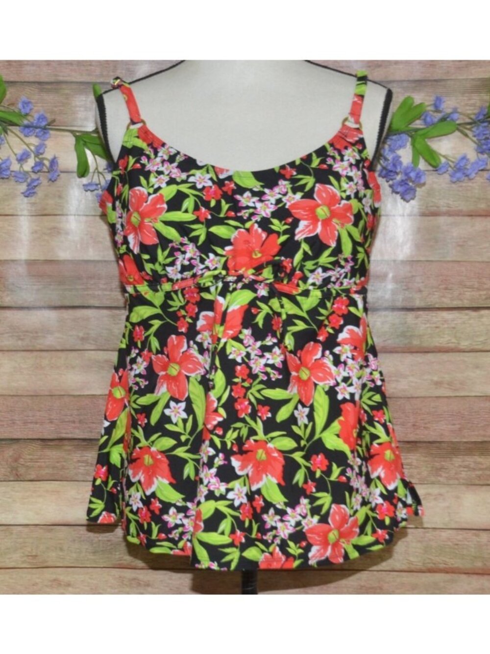 Island Escape Ladies 20W Tankini Top Swim Top Black Tropical Built In Bra Beach